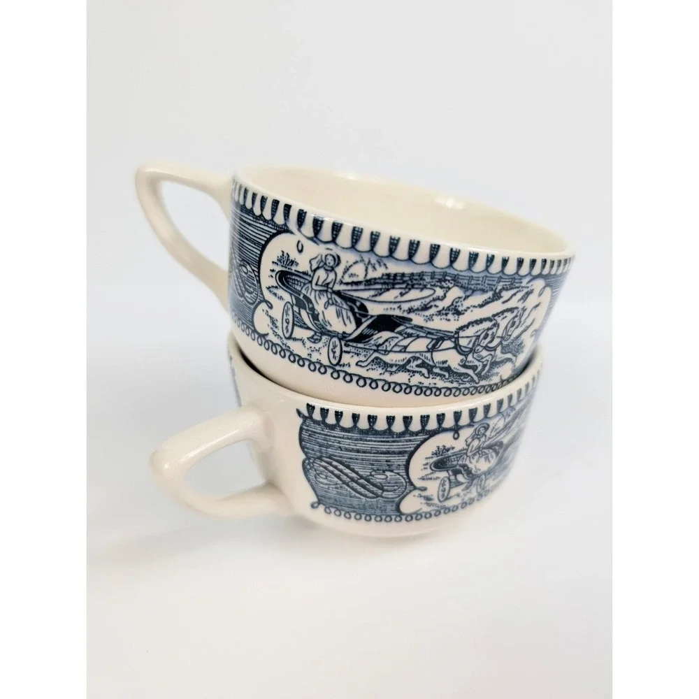 Royal China Currier & Ives Set Of 2‎ Old Homestead Horse Blue White Cups Vintage
